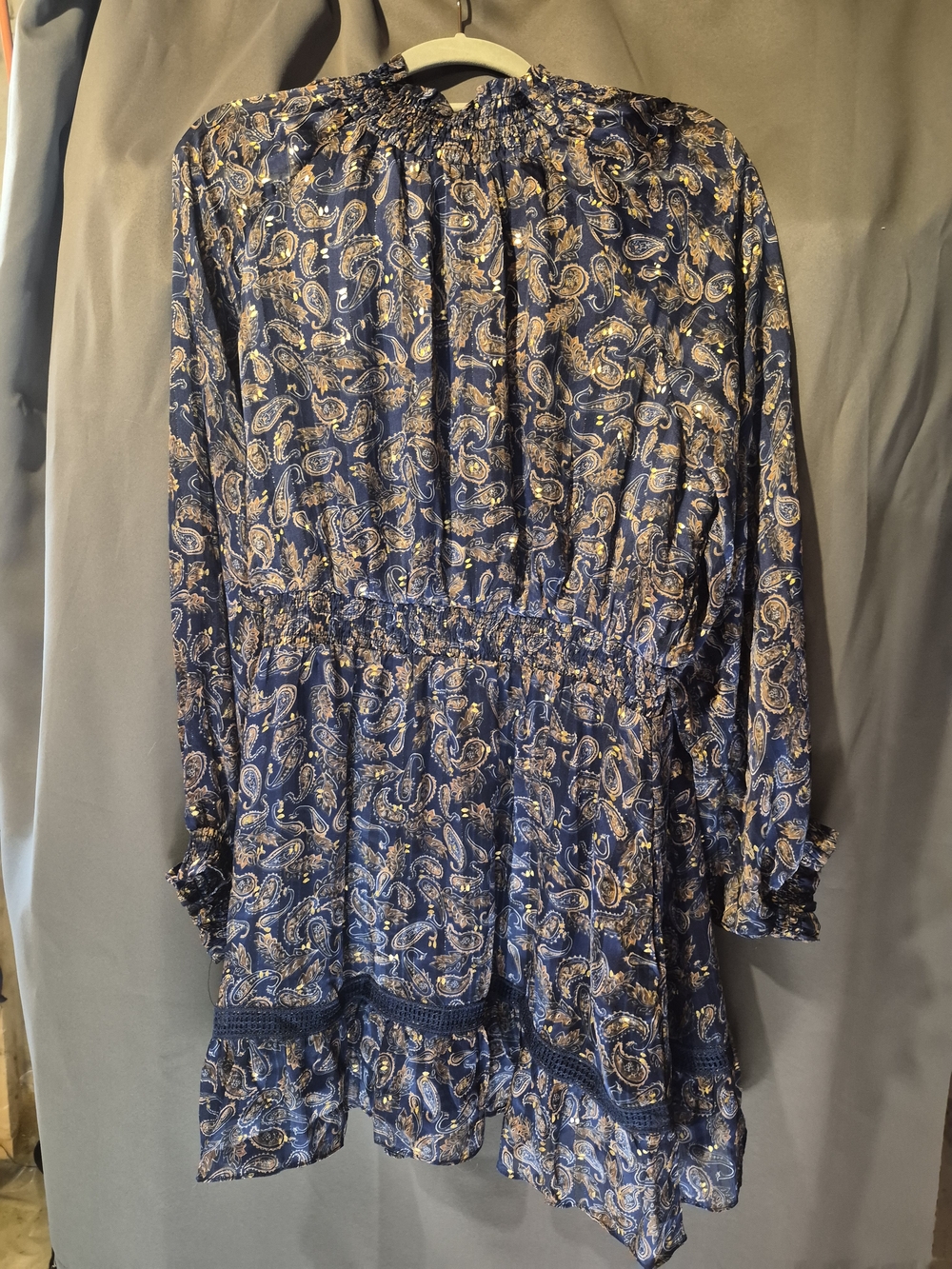 Lost + Wander Navy Blue Paisley Long Sleeve Smocked Waist Dress
